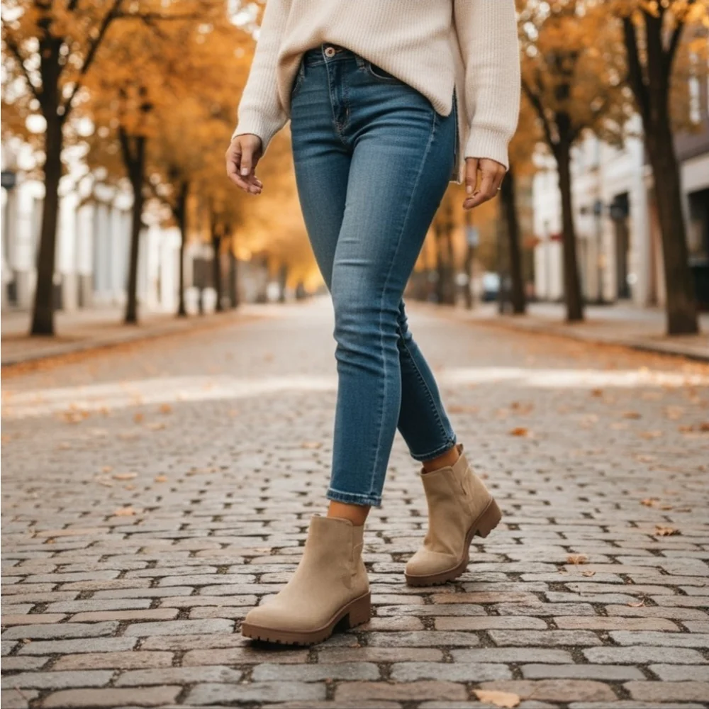 Sun + Stone Faux Microsuede Chelsea Zip On Lug Boots Booties 7.5 M Desert Beige